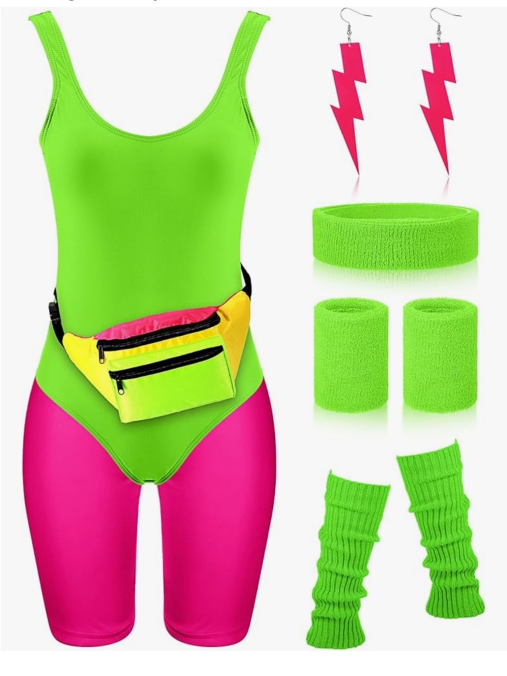 Neon Green & Hot Pink Women’s 80s Aerobics Bodysuit Set by